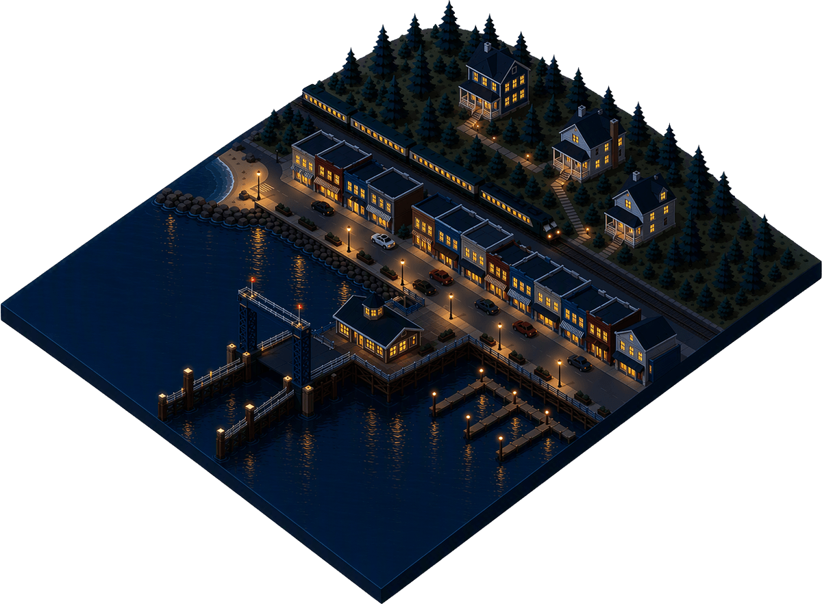 Isometric illustration of the Edmonds waterfront and ferry terminal at night