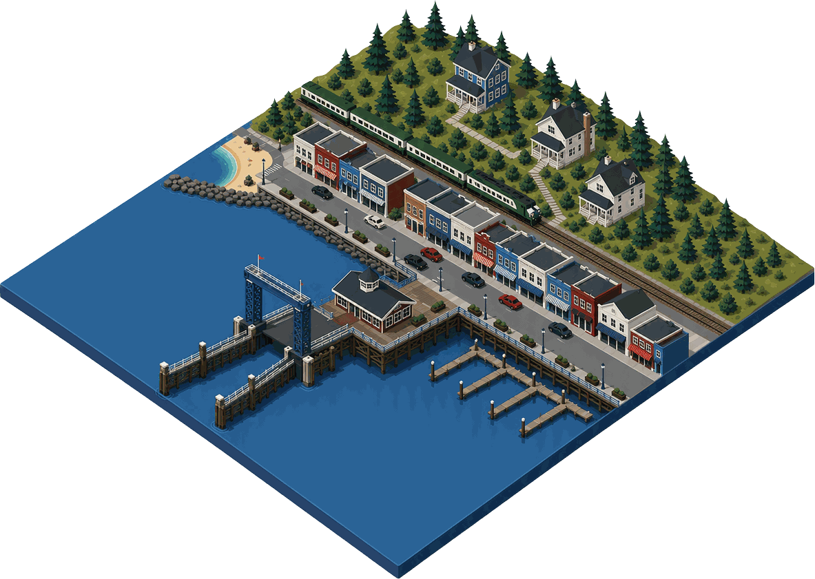 Isometric illustration of the Edmonds waterfront and ferry terminal