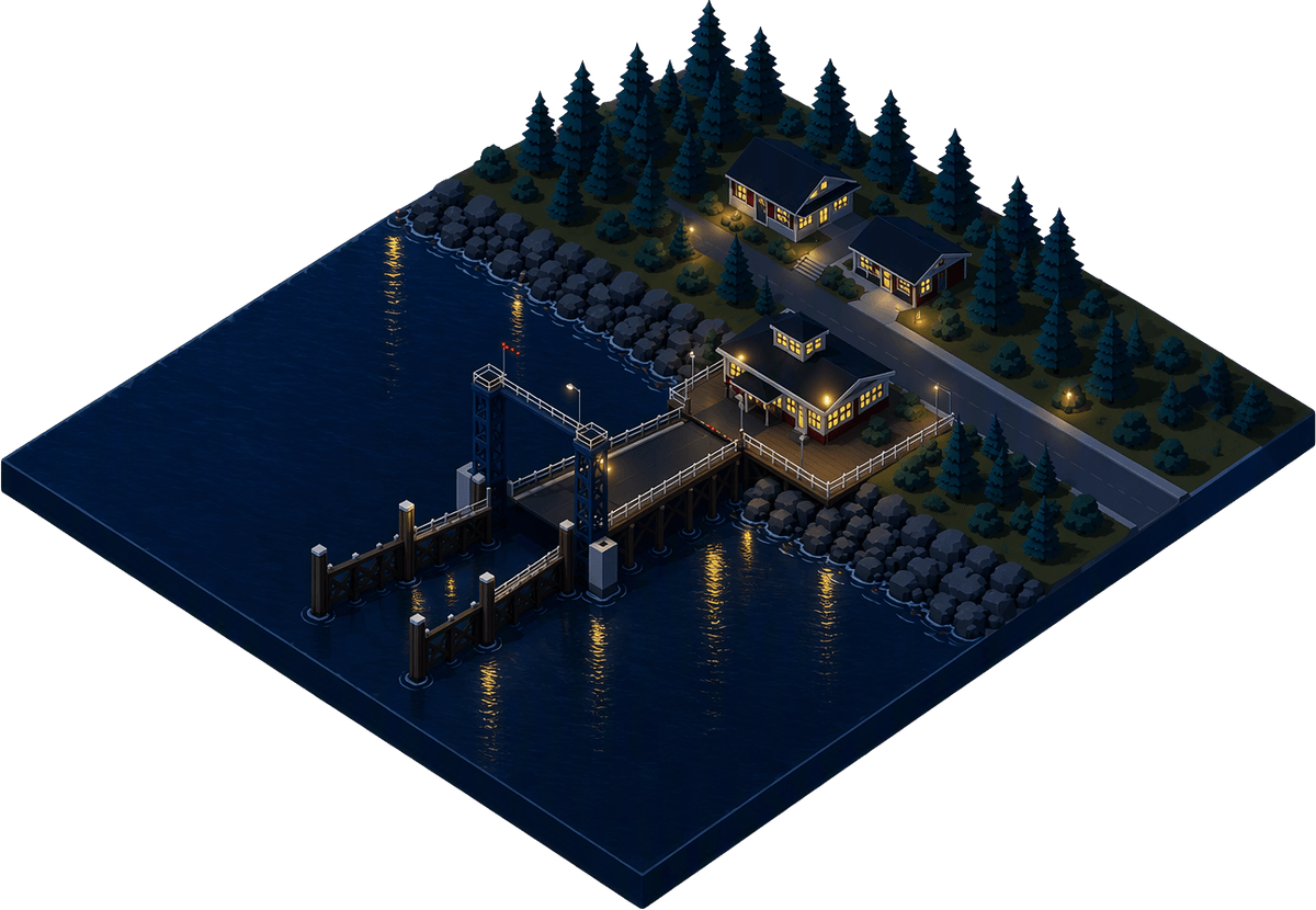 Isometric illustration of the ferry landing across the Sound at night