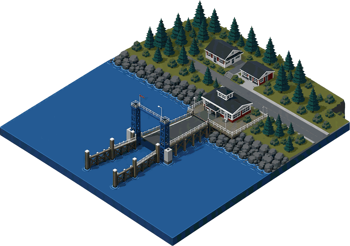 Isometric illustration of the ferry landing across the Sound